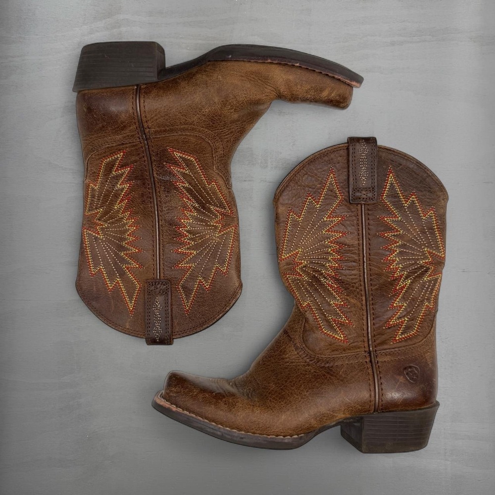 Ariat Western Boots Brown Leather Square Toe Embroidered Kids Size 1 10053623